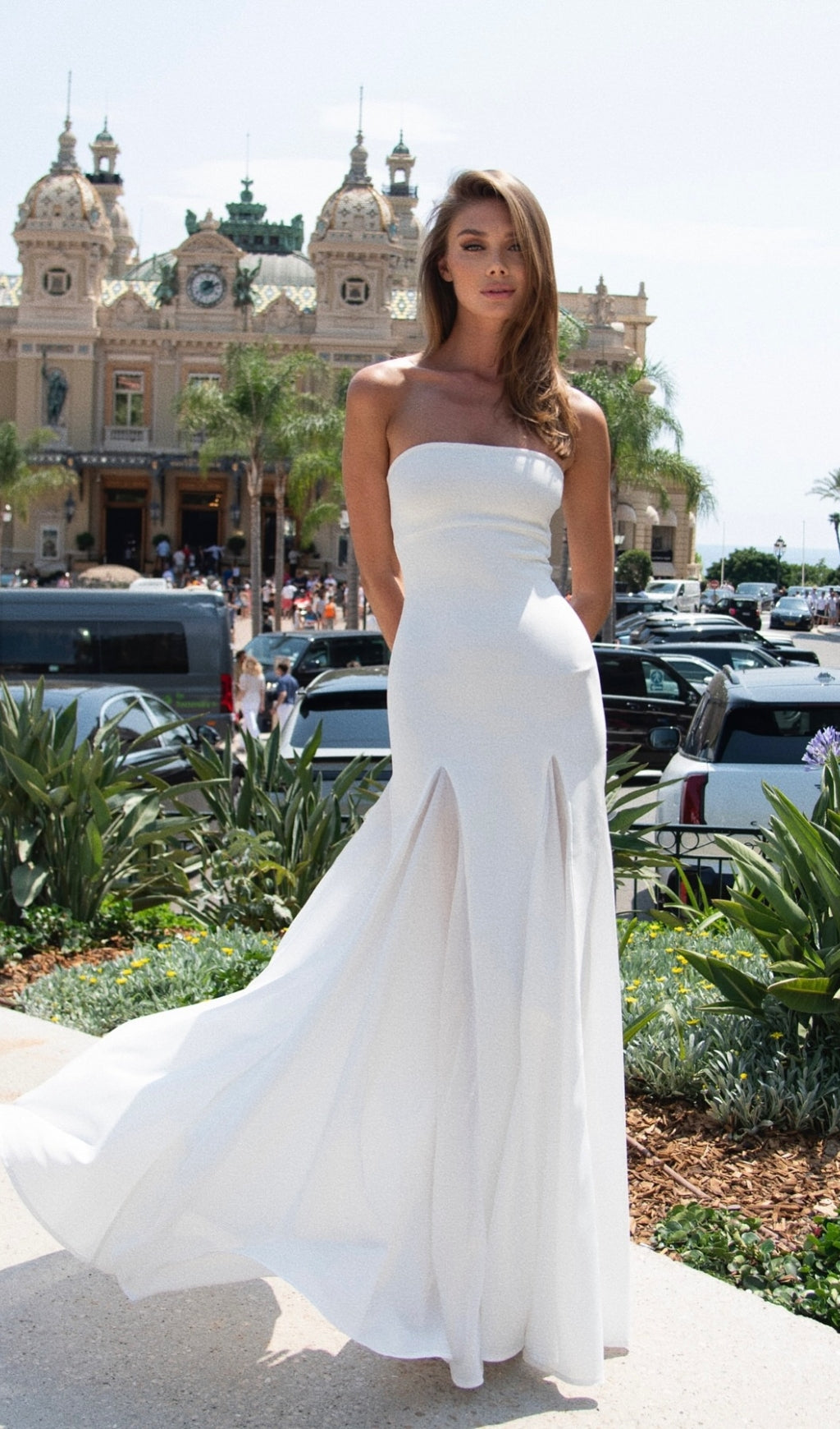 Strapless Mesh Insert A Line Maxi Dress White Flowering Girl