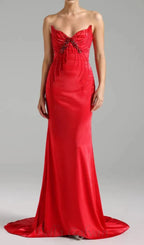 bow embellished strapless maxi dress in red Flowering Girl