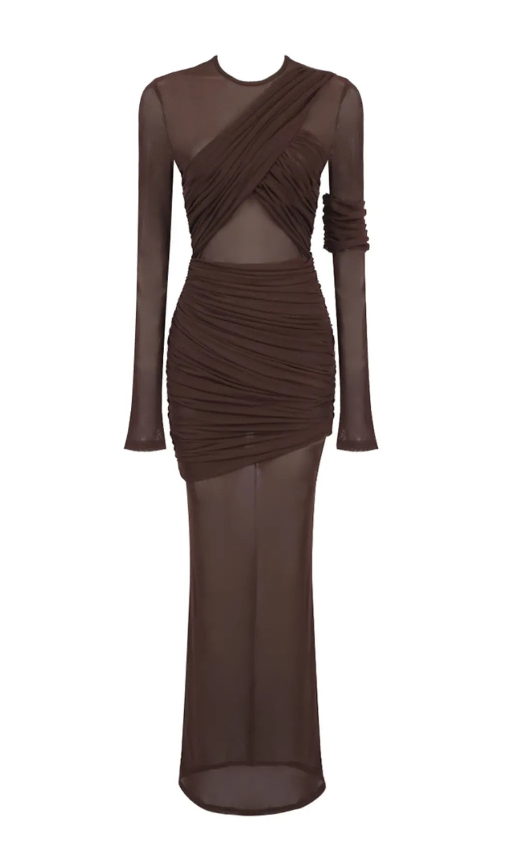 Long Sleeve Mesh Insert Draped Maxi Dress Flowering Girl