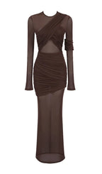 Long Sleeve Mesh Insert Draped Maxi Dress Flowering Girl