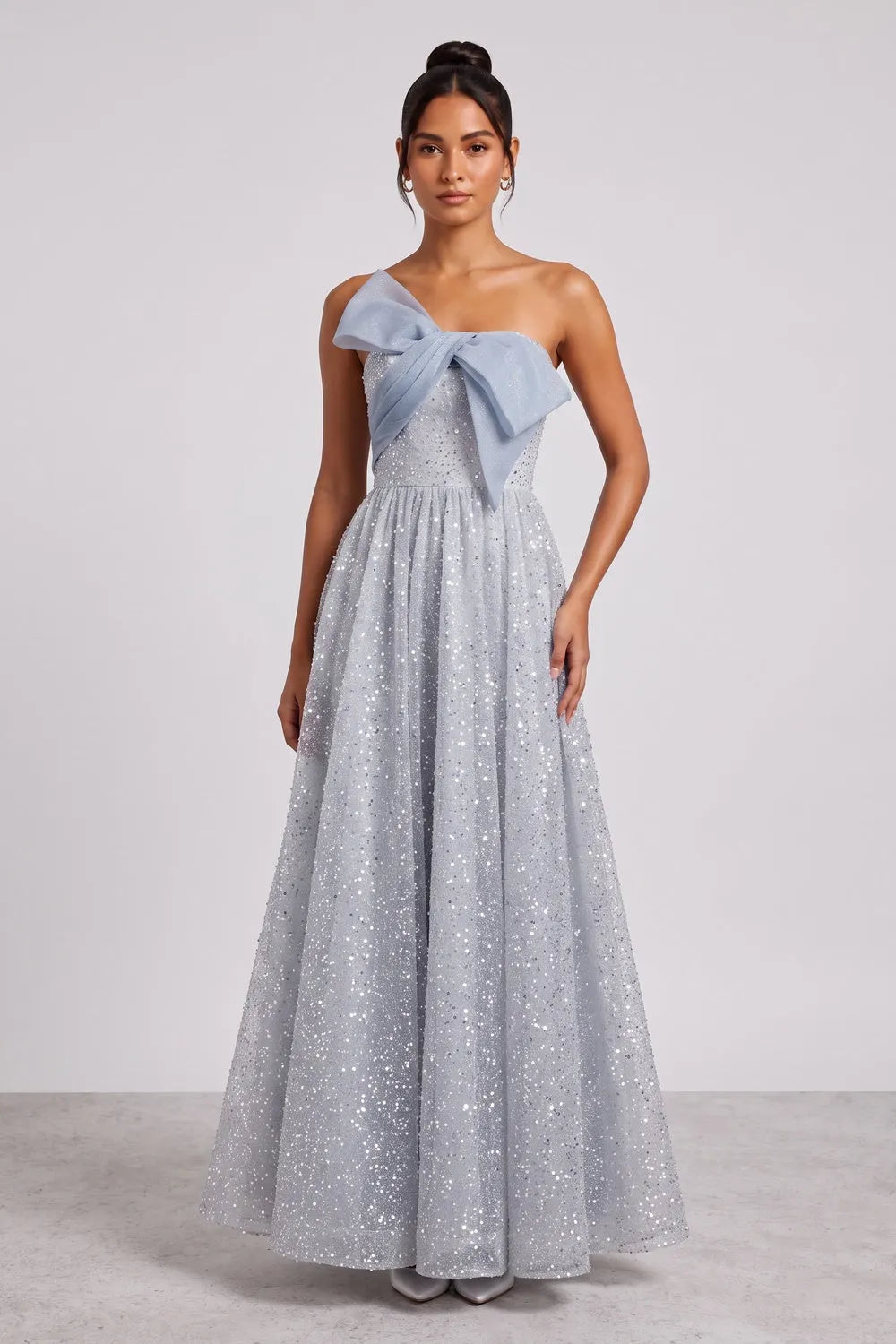 Silver-Blue Glitter Tulle A-Line Evening Gown Flowering Girl