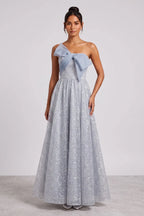 Silver-Blue Glitter Tulle A-Line Evening Gown Flowering Girl