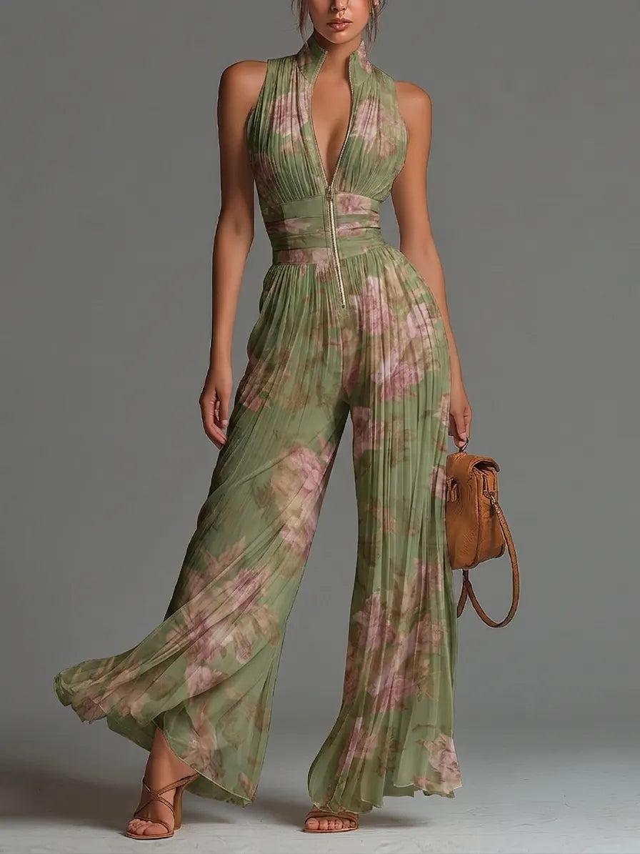 Green Floral V-neck Sleeveless Zip-up Pleated Wide-leg Chiffon Jumpsuit Flowering Girl