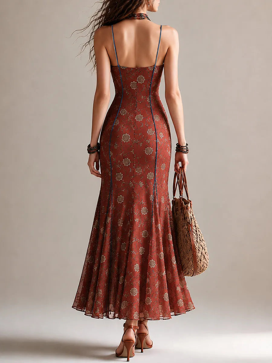 Rust-red Floral Print Chiffon High-slit Spaghetti Strap Maxi Dress Flowering Girl