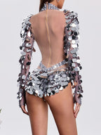 Havily Long Sleeve Sequin Mesh Bodysuit Flowering Girl