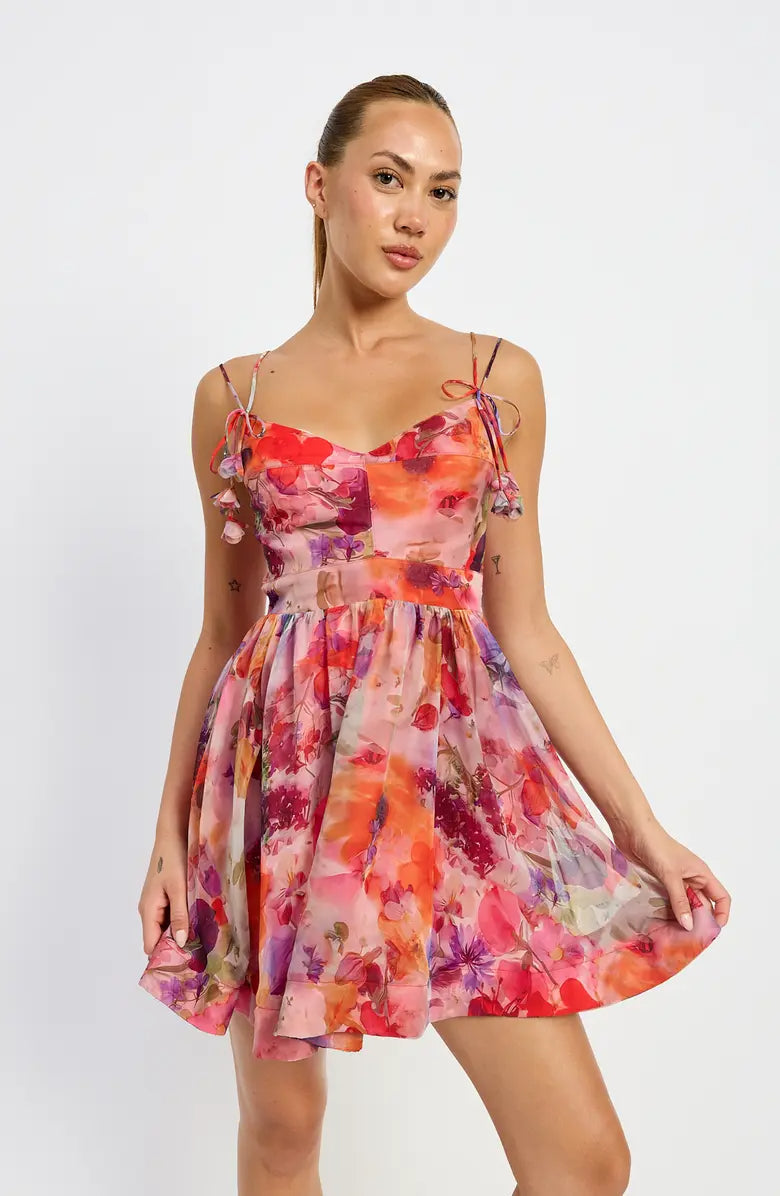 Red Multi Floral Tie Strap Mini Dress Flowering Girl