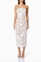Helena Strapless Midi Dress In White Flowering Girl
