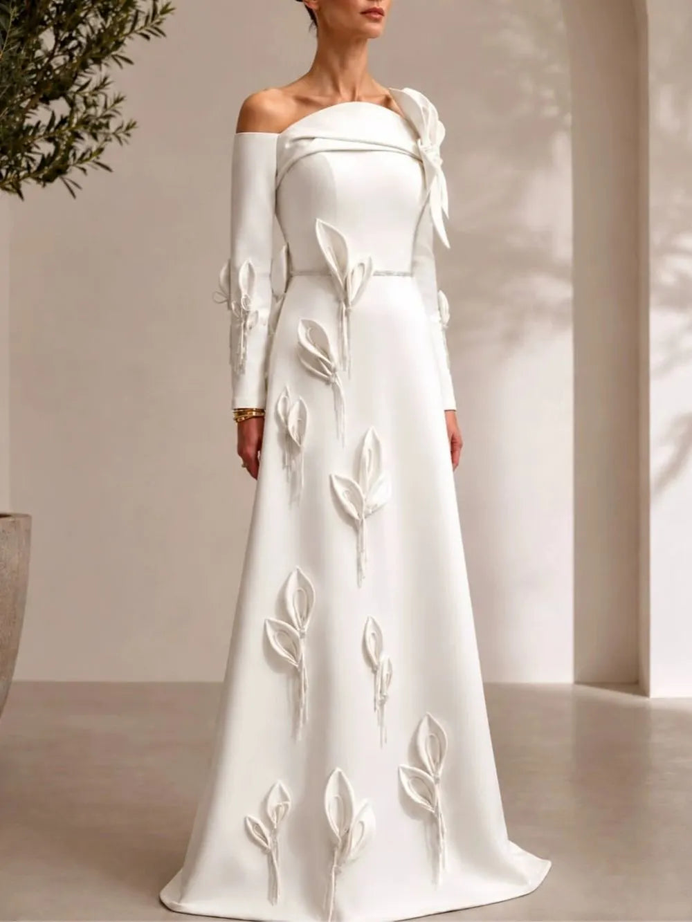 Mandell White Off-Shoulder Flower Long Sleeve Maxi Dress Flowering Girl