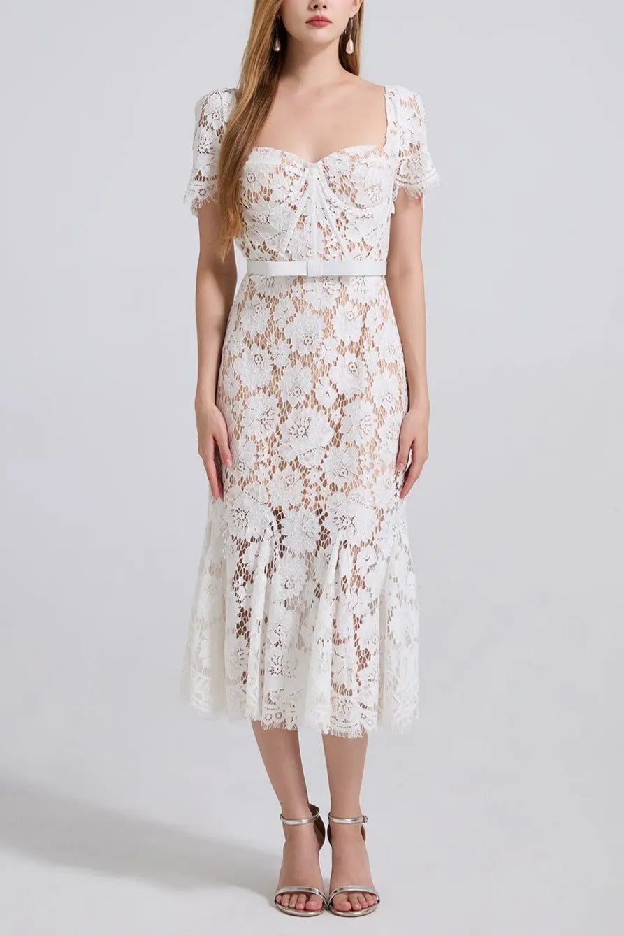 SQUARE NECK LACE MIDI DRESS IN WHITE Flowering Girl