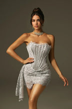 Silver Strapless Lace Corset Mini Dress Flowering Girl