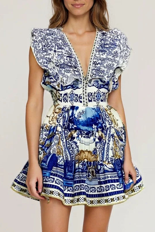 Printed Plunge Neck Mini Dress Flowering Girl