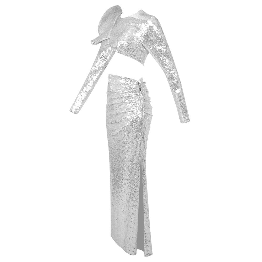 Crop Top Drape Skirt Set In Silver Flowering Girl
