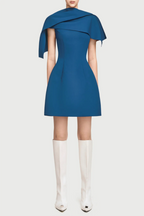 Asymmetrical Shoulder Pleat Mini Dress - Blue Flowering Girl