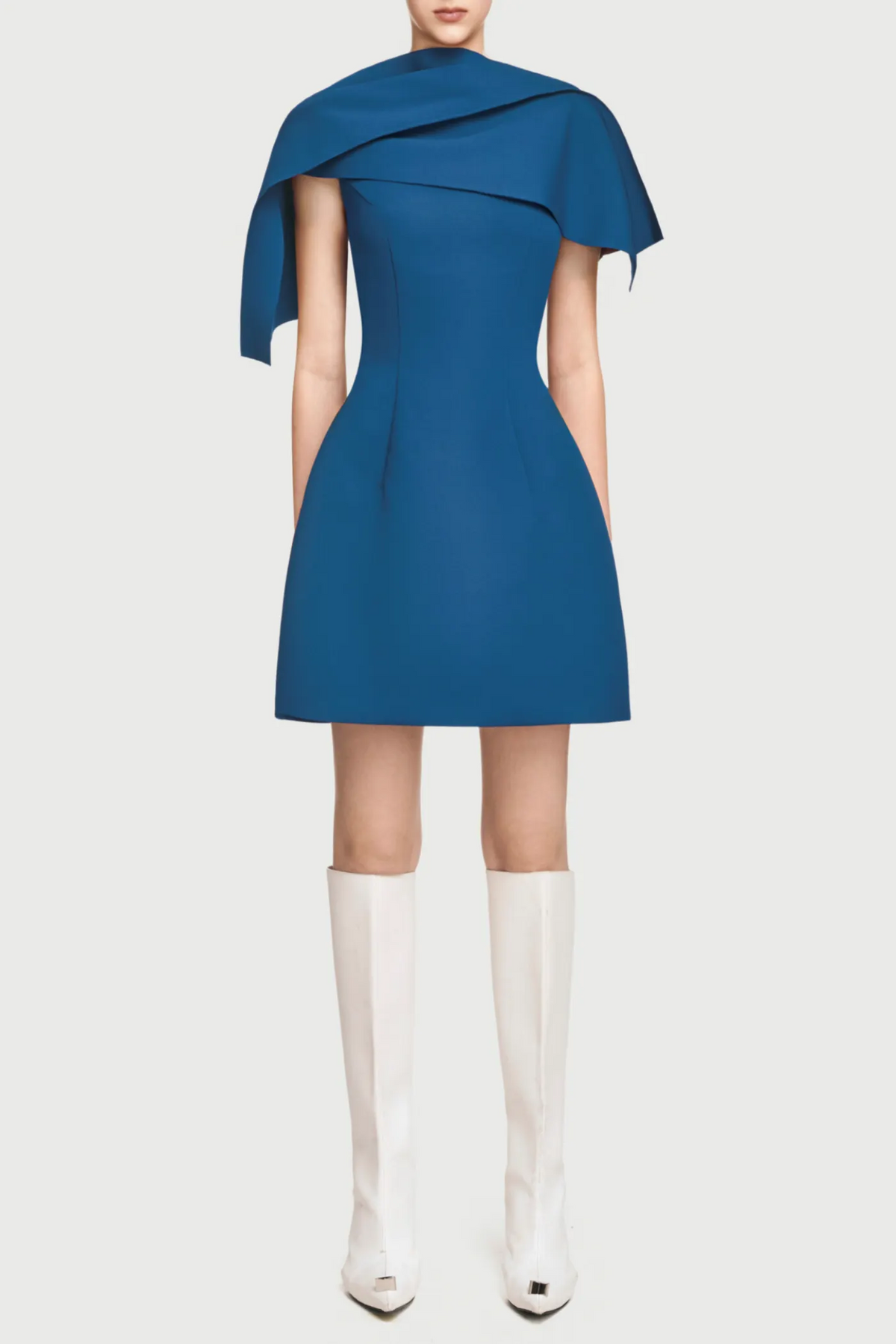 Asymmetrical Shoulder Pleat Mini Dress - Blue Flowering Girl