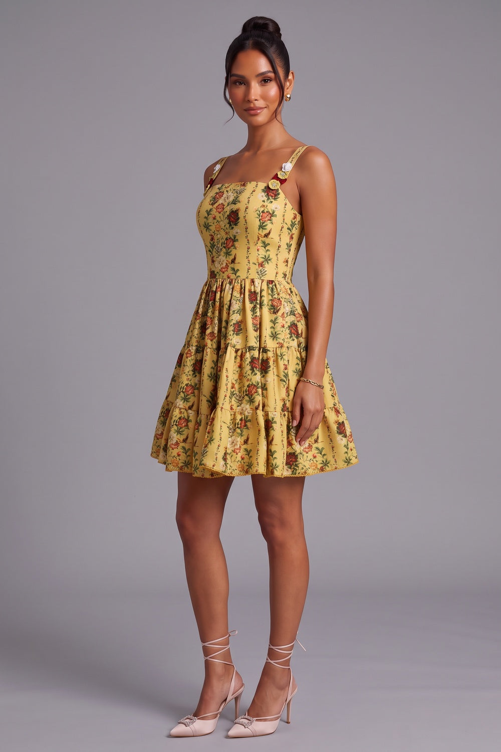 Yellow Floral A-Line Fit-and-Flare Mini Dress Flowering Girl