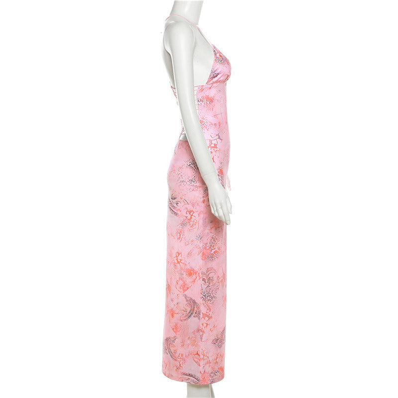 Printed Strappy Butterfly Backless Plunge Sheath Slip Maxi Dress Flowering Girl