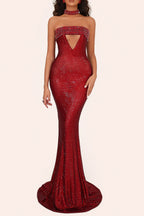 Sherry Rhinestone Embellished Cutout Sequin Strapless Maxi Dress - Red Flowering Girl