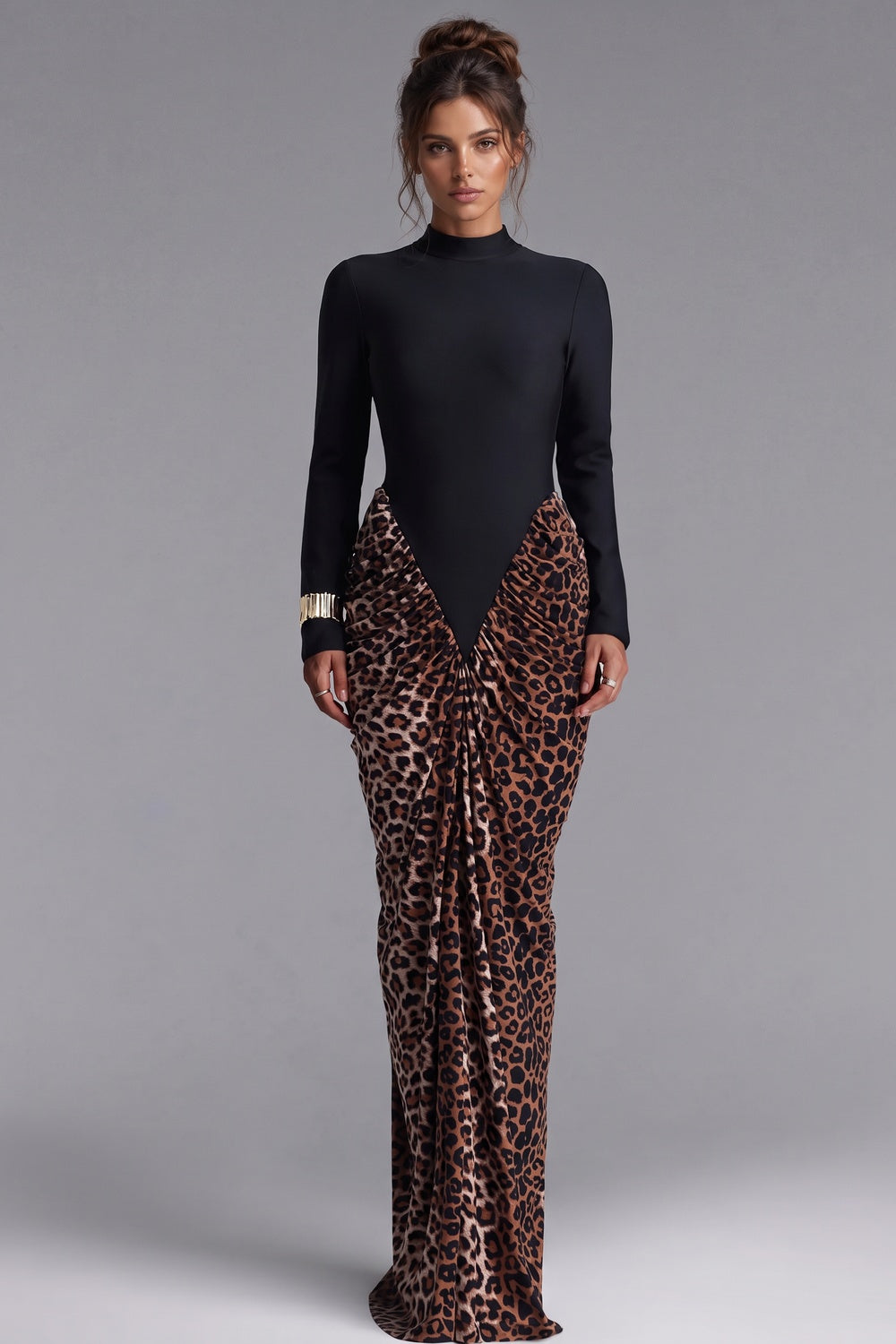 Black Matte Stretch Knit Maxi Dress with Leopard Print Draped Skirt Flowering Girl