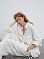 White V-Neck Linen Long-Sleeved Shirt Flowering Girl