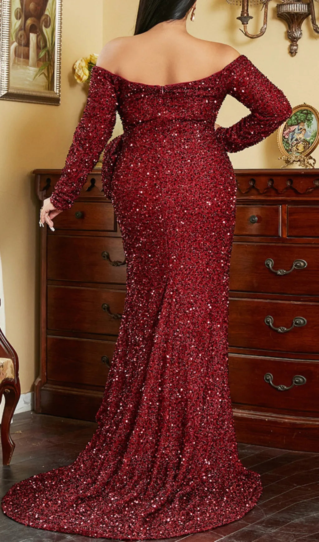 Bechette Sequin Bow Long Sleeve Plus Size Maxi Dress Flowering Girl