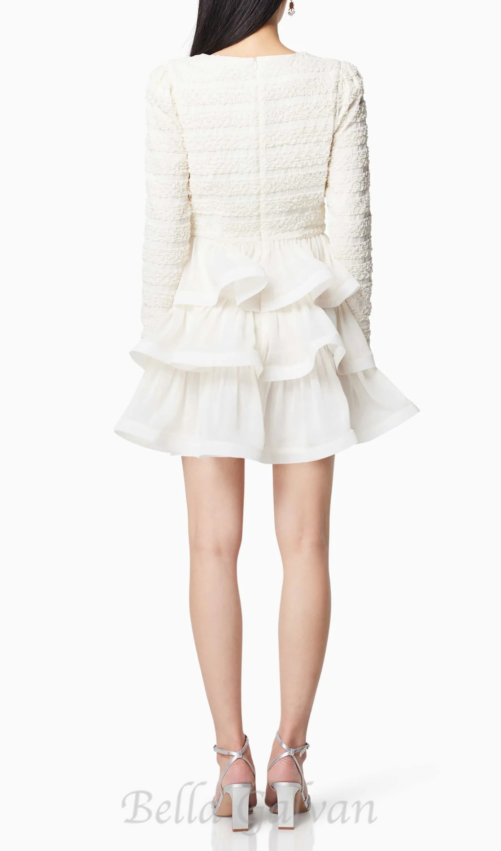 Ruffle trim Long Sleeved Mini Dress in white Flowering Girl