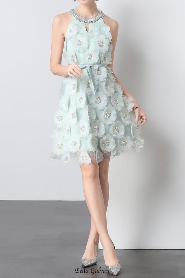 chloe rhinestone 3d flower mini dress in mint Flowering Girl