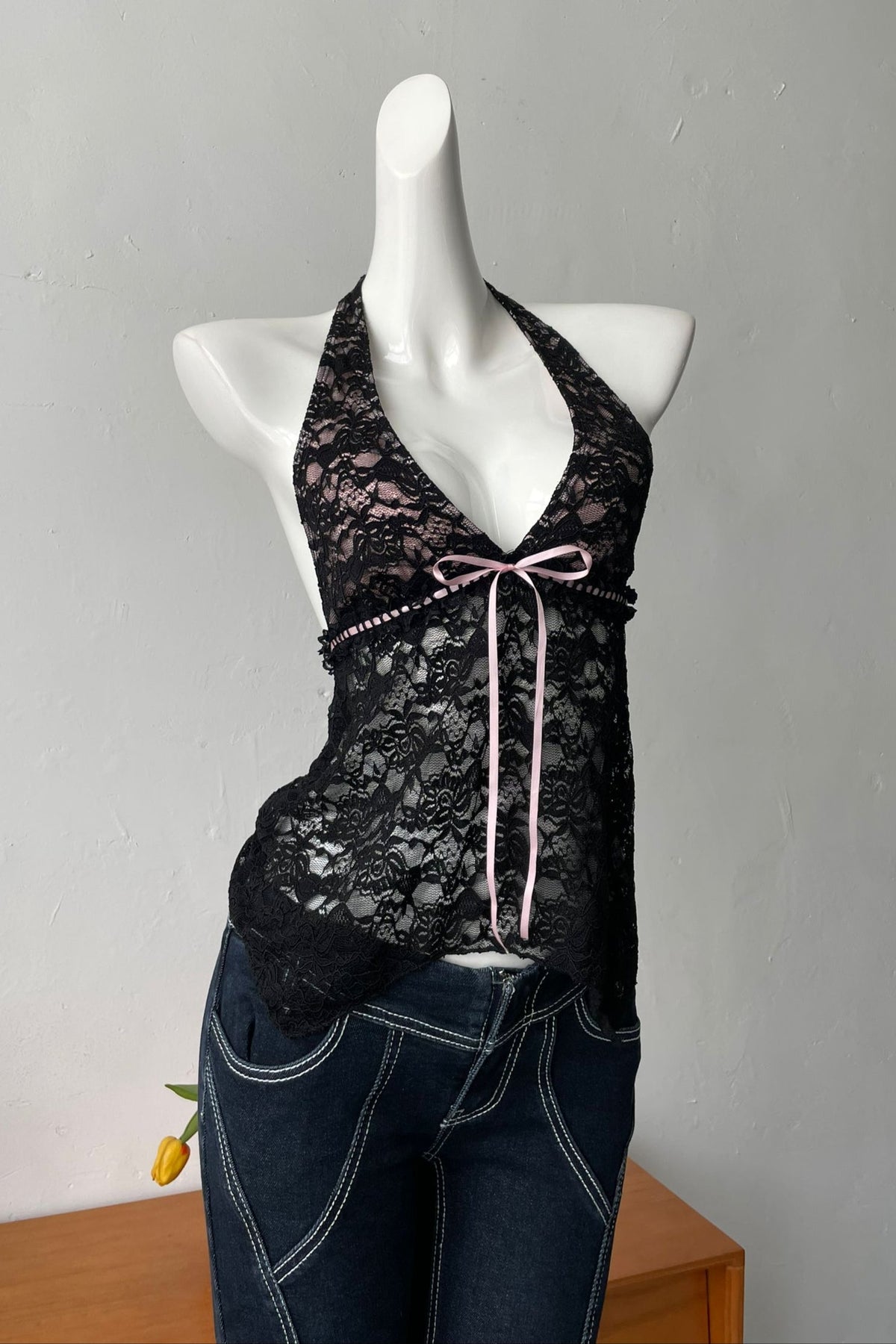 Backless Sheer Lace Halter Top In Black Flowering Girl
