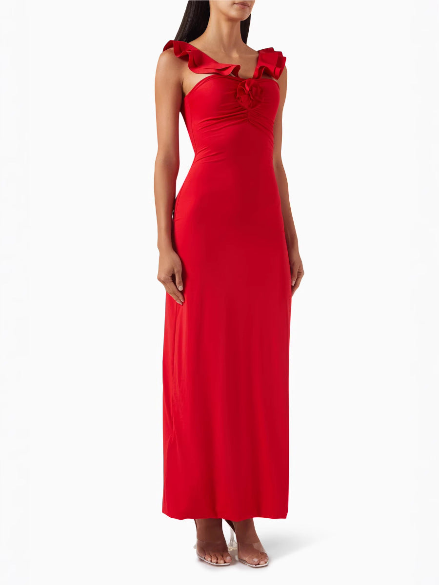 floral ruffle trim halter midi dress in red Flowering Girl