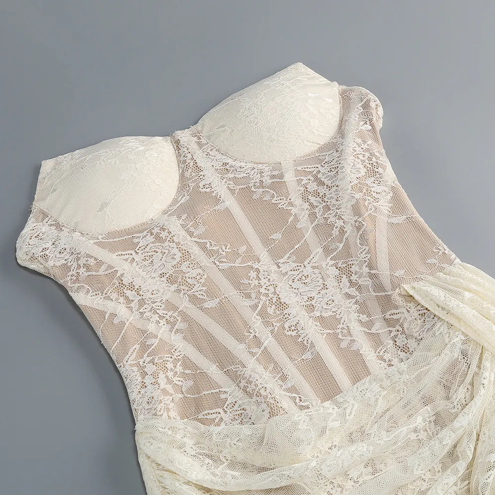 Strapless Draped Lace Bustier Maxi Dress Flowering Girl