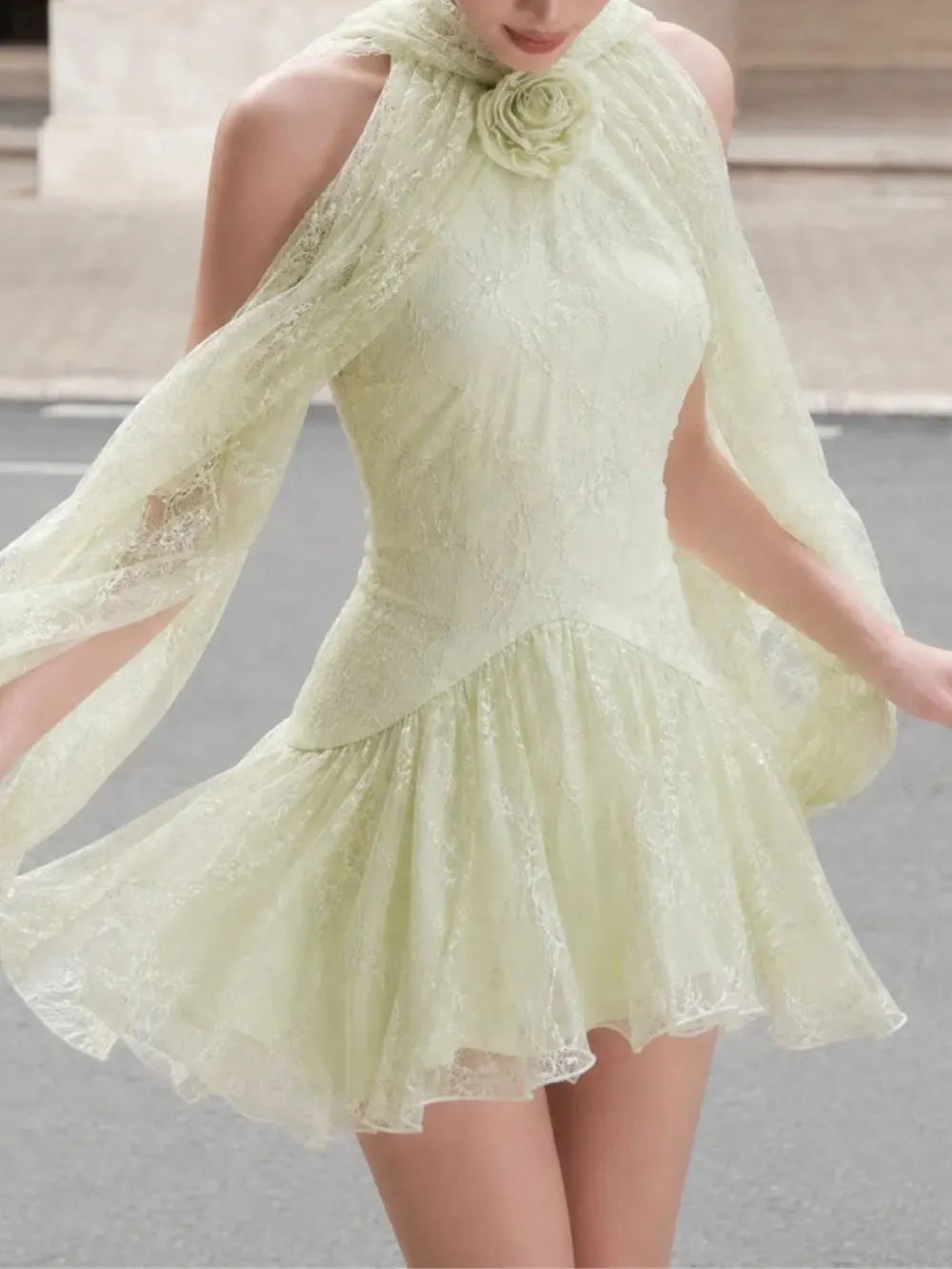 Kore Halter Lace Sequin Flower Mini Dress Flowering Girl