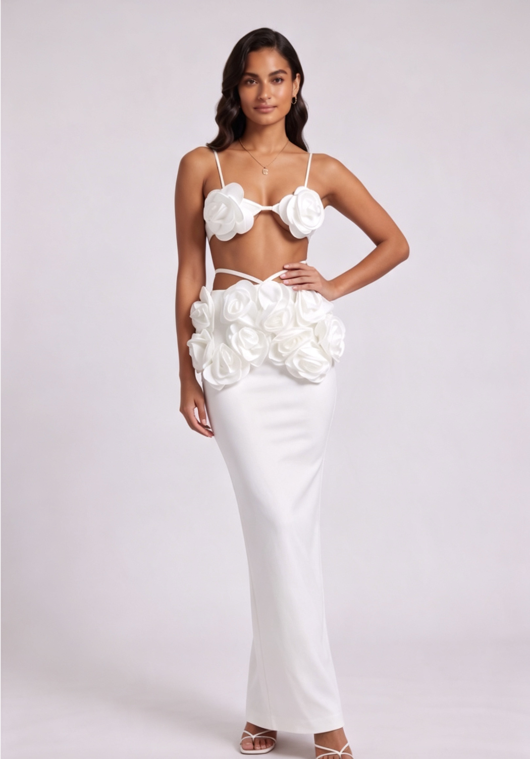 White Fitted Column Two-Piece Set Flowering Girl