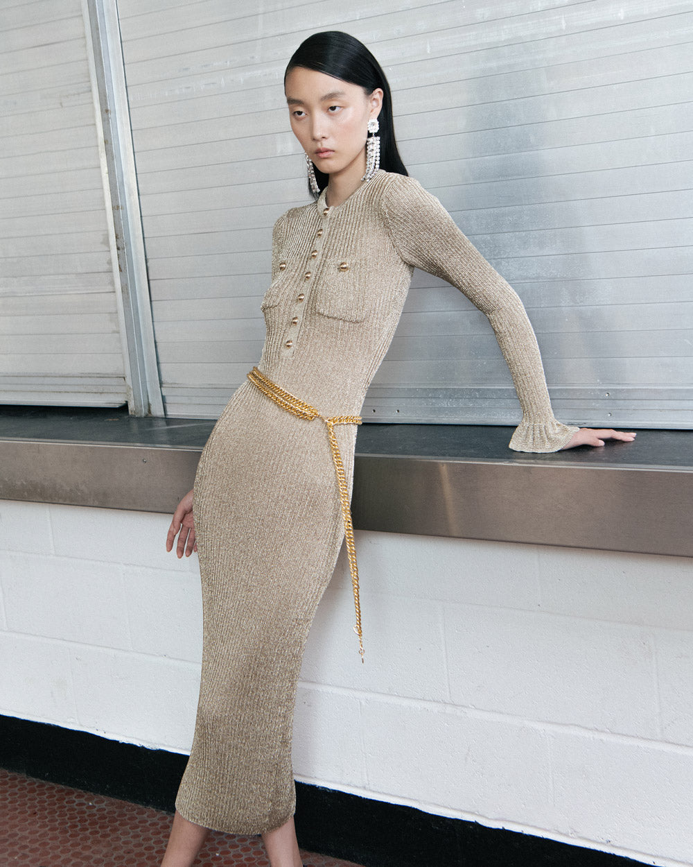 Lauren Gold Lurex Ribbed Knit Midi Dress Flowering Girl