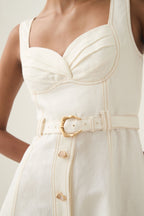 Sweetheart Neckline Belted Midi Dress In Ivory Flowering Girl
