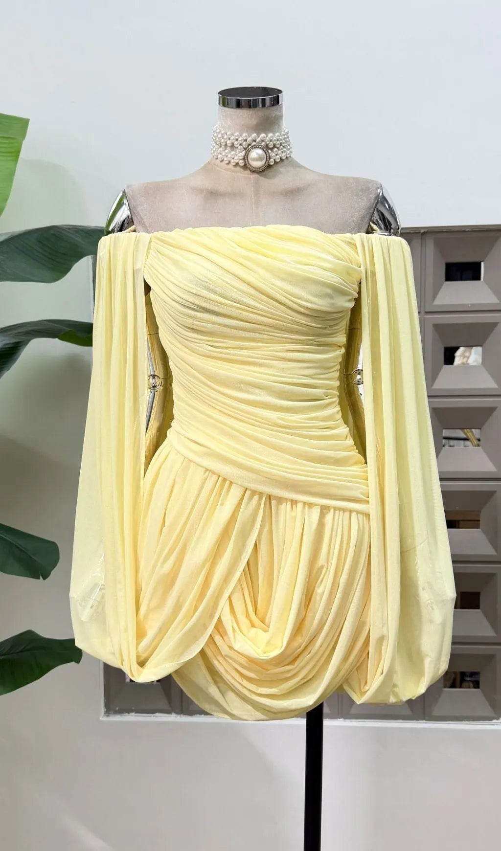 Zhuria Off Shoulder Draped Mini Dress - Yellow Flowering Girl