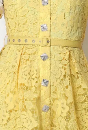 Yellow Guipure Floral Lace A-Line Midi Dress Flowering Girl