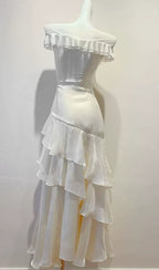 Off Shoulder Twist Ruched Tiered Ruffle Satin Maxi Dress Flowering Girl