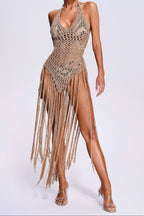 Khaki Hollow Crochet Halter Fringe Mini Cover-Up Dress Flowering Girl