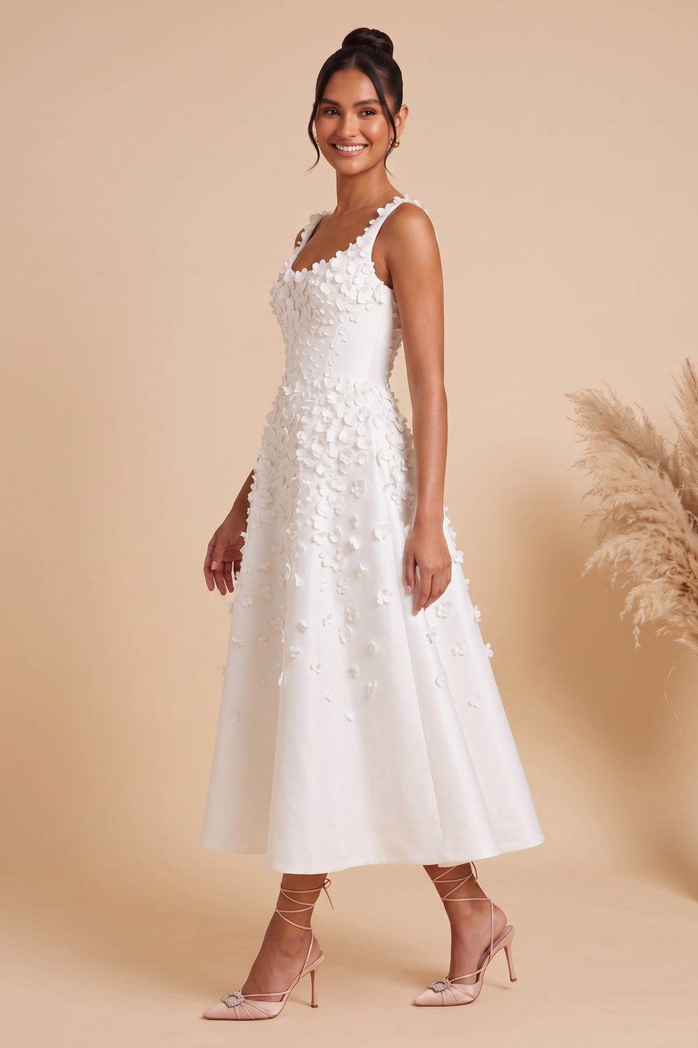 White Satin A-Line Midi Dress with 3D Floral Appliqués Flowering Girl