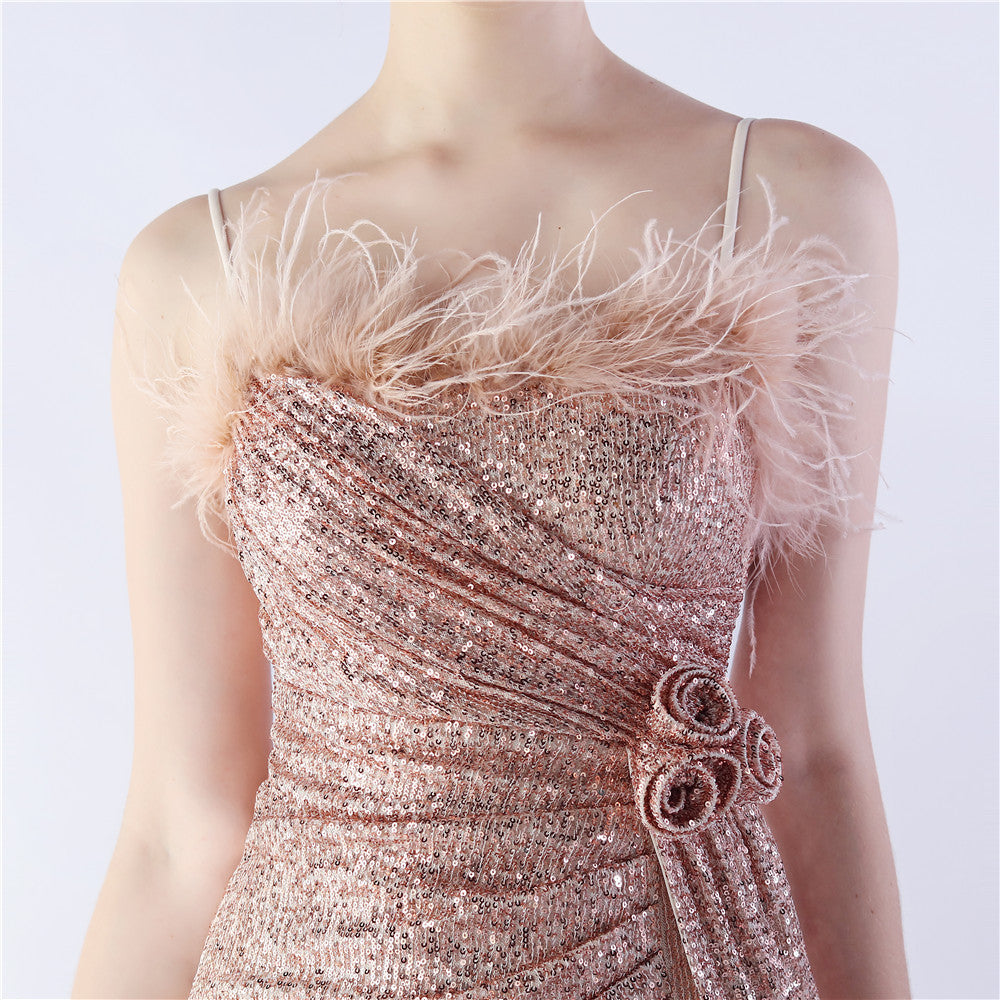 Chroma Gold Sequin Flower Feather Maxi Dress Flowering Girl
