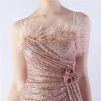 Chroma Gold Sequin Flower Feather Maxi Dress Flowering Girl