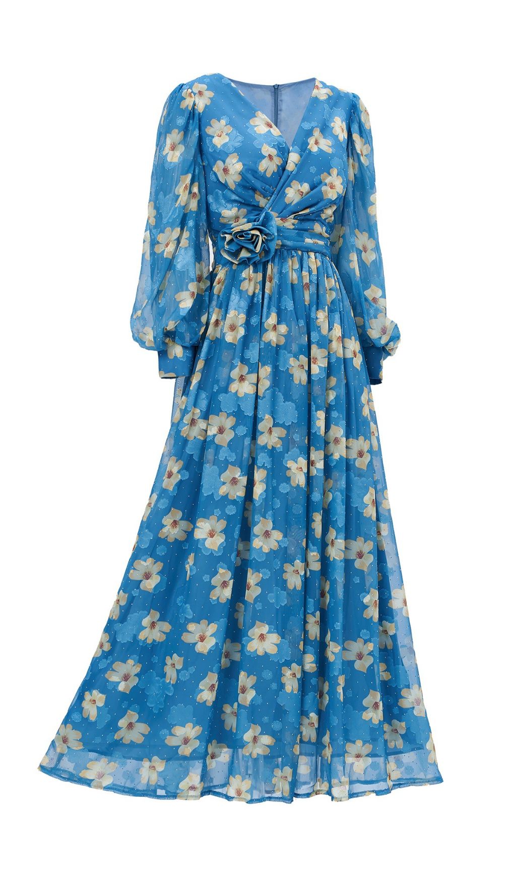 Feodora Blue Floral Printed Long Sleeve Maxi Dress Flowering Girl