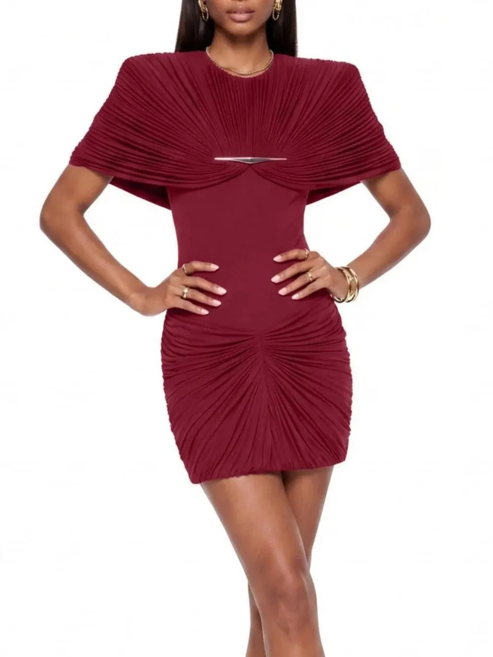 Quvion Shoulder Pad Ruched Mini Dress Flowering Girl