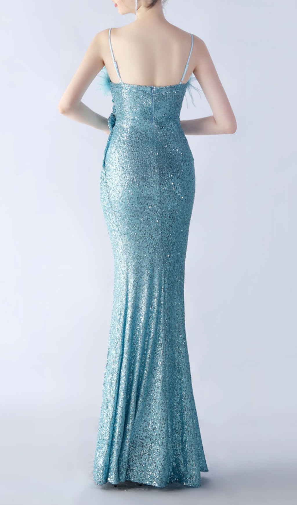 Chroma Blue Sequin Flower Feather Maxi Dress Flowering Girl