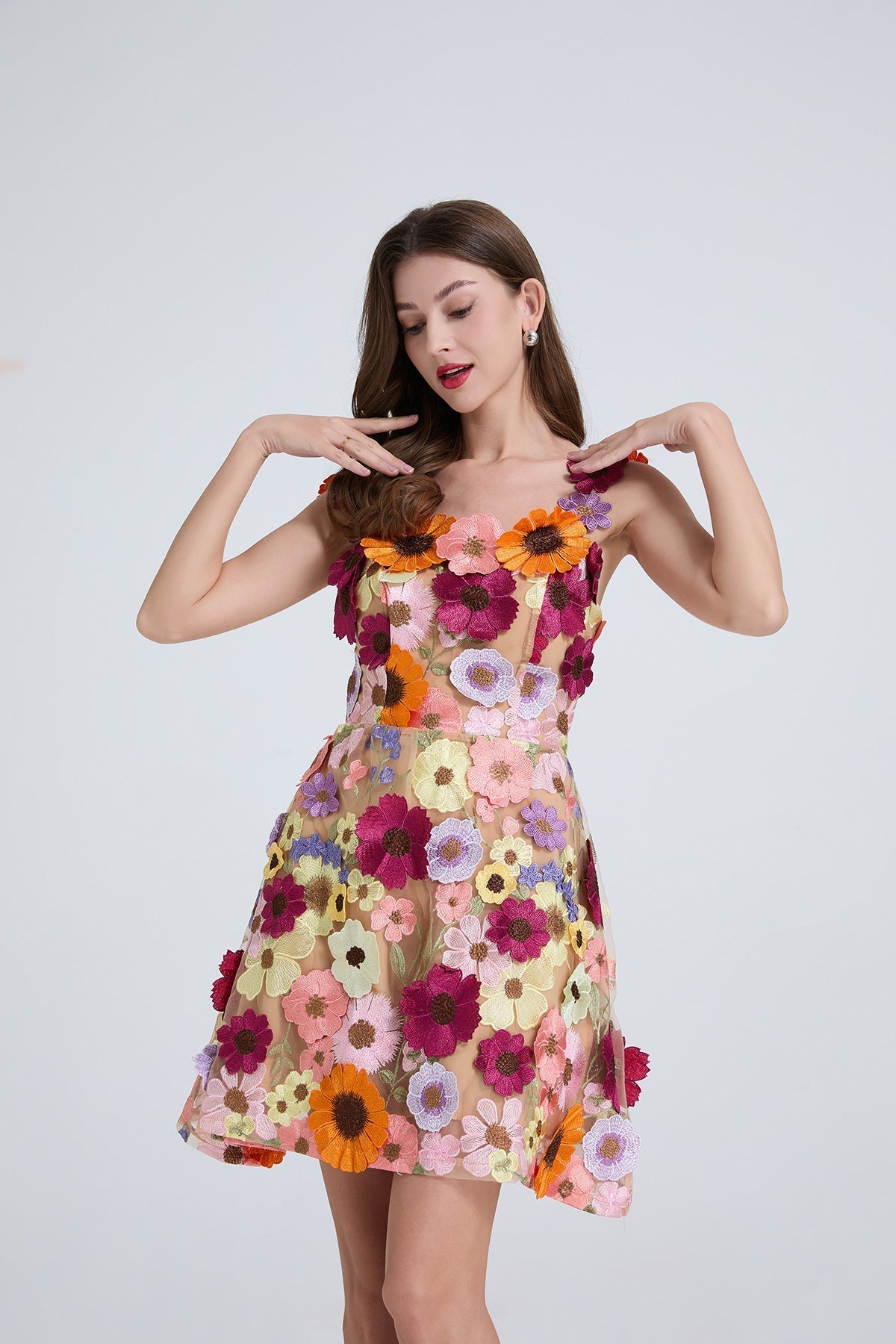 Georgia 3d Floral Lace Mini Dress In Apricot Flowering Girl