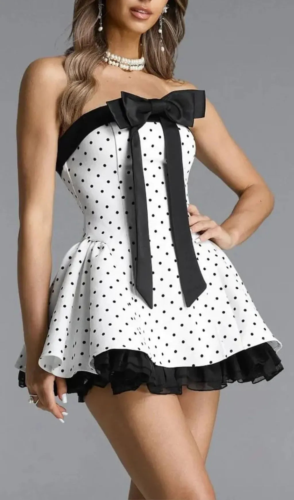 Octavia White Bow Polka Dot Woven Strapless Mini Dress Flowering Girl