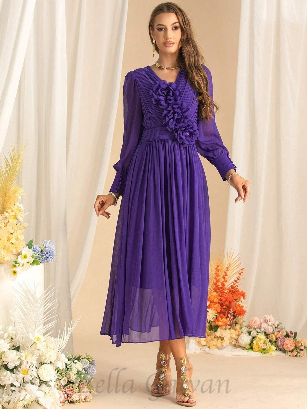 three-dimensional flower v-neck purple chiffon maxi dress Flowering Girl