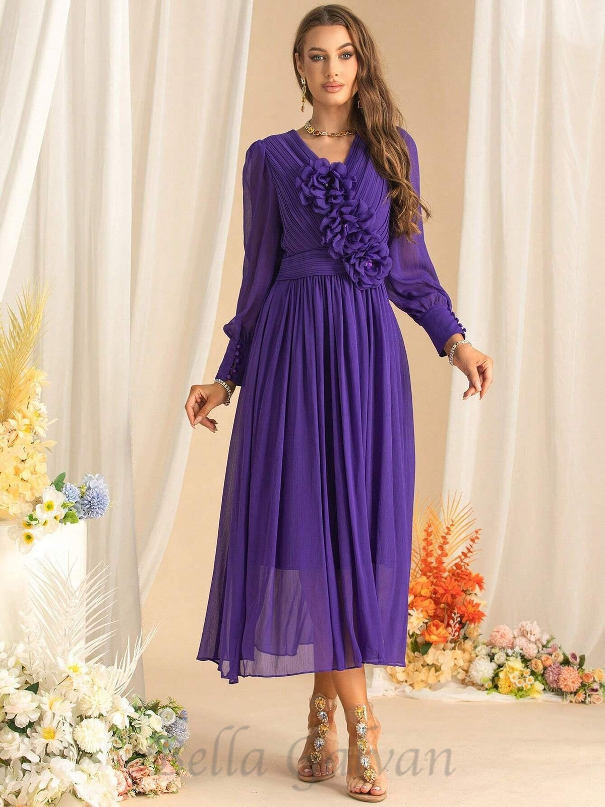 three-dimensional flower v-neck purple chiffon maxi dress Flowering Girl