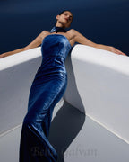 josephine off-shoulder velvet sash gown in blue Flowering Girl
