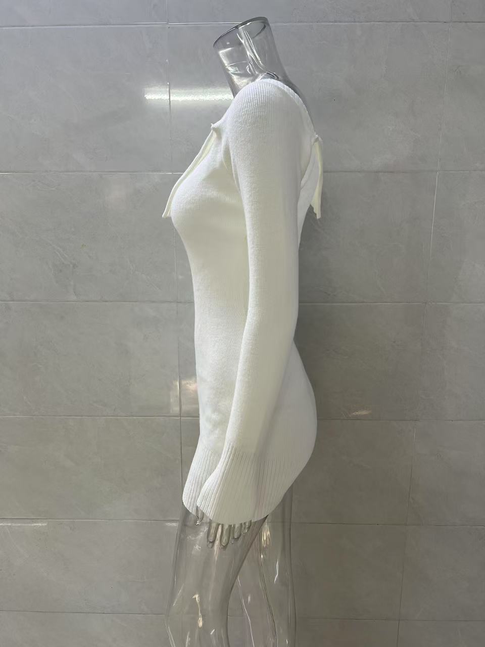 White Off-The-Shoulder Long-Sleeved Knitted Dress Flowering Girl
