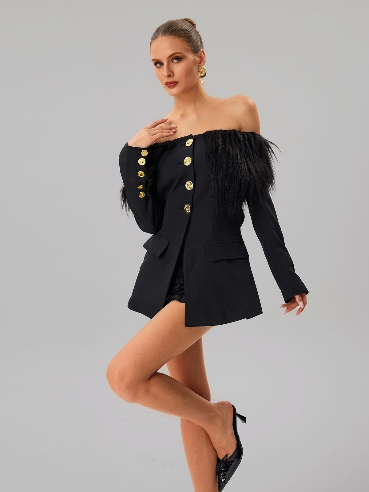 Black Off-Shoulder Feather Metal Buckle Decoration Blazer Mini Dress Flowering Girl